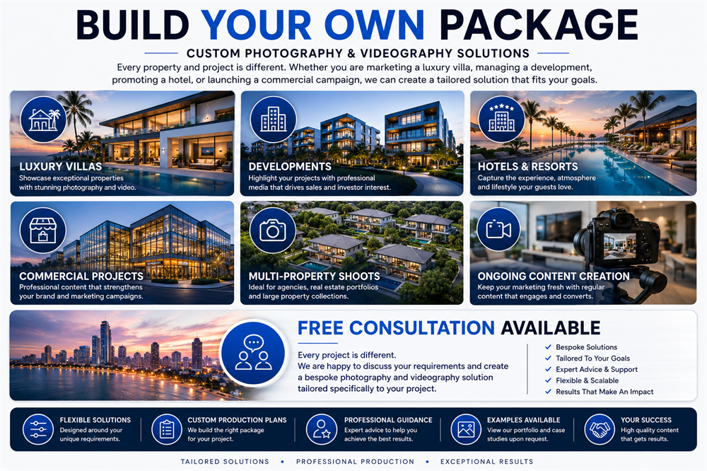 Custom property photography and videography solutions in Pattaya for luxury villas, developments, hotels, resorts, commercial projects and ongoing content creation.